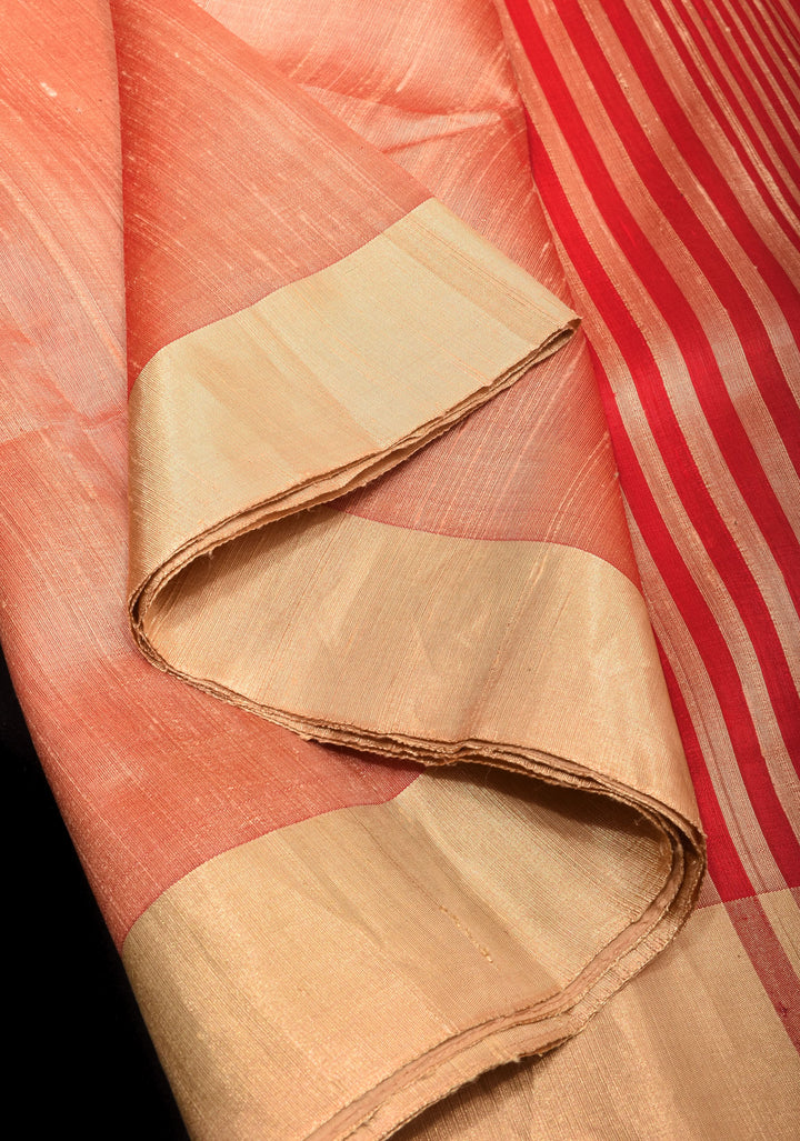Pure Raw Silk Saree in Coral with Tissue Zari Red Border | SILK MARK CERTIFIED