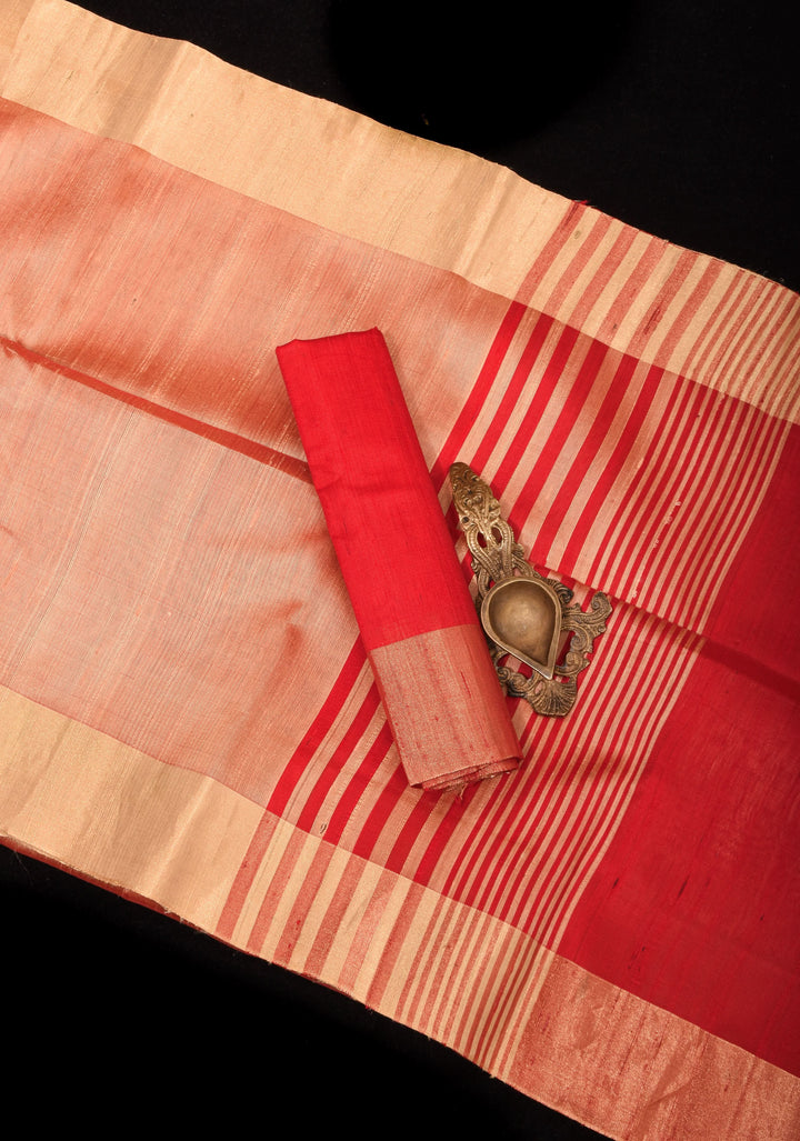 Pure Raw Silk Saree in Coral with Tissue Zari Red Border | SILK MARK CERTIFIED