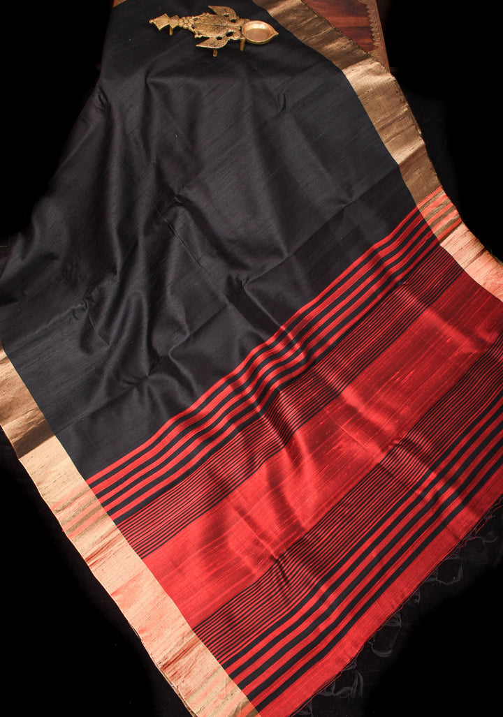 Pure Raw Silk Saree in Black with Tissue Zari Border and red Pallu | SILK MARK CERTIFIED