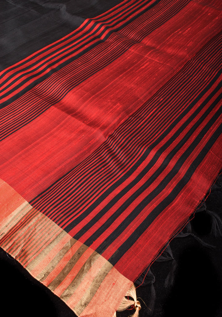 Pure Raw Silk Saree in Black with Tissue Zari Border and red Pallu | SILK MARK CERTIFIED