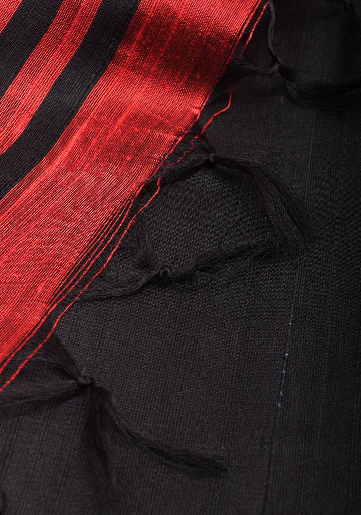 Pure Raw Silk Saree in Black with Tissue Zari Border and red Pallu | SILK MARK CERTIFIED