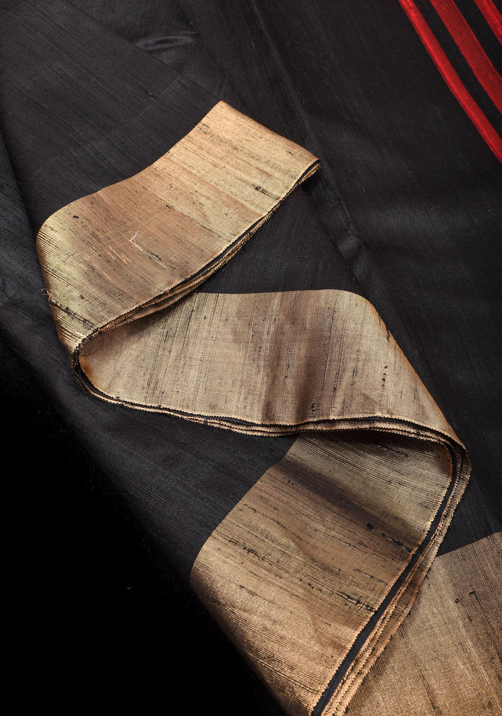 Pure Raw Silk Saree in Black with Tissue Zari Border and red Pallu | SILK MARK CERTIFIED