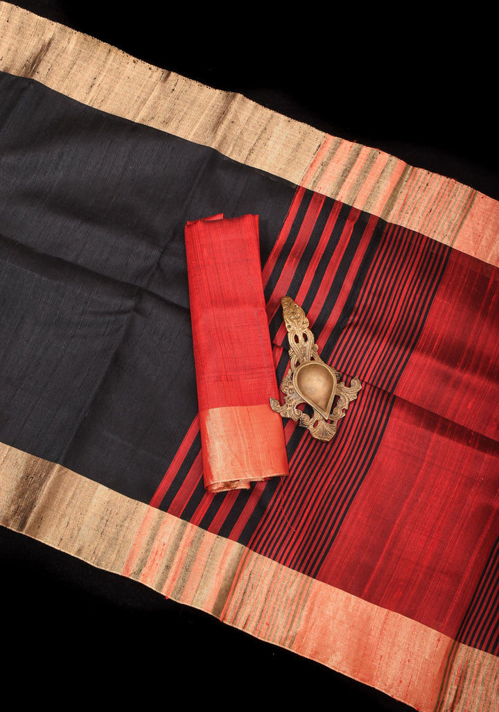 Pure Raw Silk Saree in Black with Tissue Zari Border and red Pallu | SILK MARK CERTIFIED