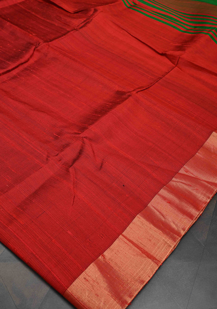 Brick Red Pure Raw Silk Saree with Gold Tissue Zari Border | SILK MARK CERTIFIED
