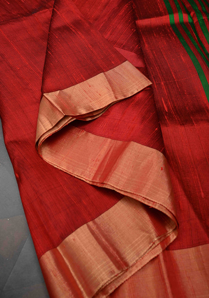 Brick Red Pure Raw Silk Saree with Gold Tissue Zari Border | SILK MARK CERTIFIED