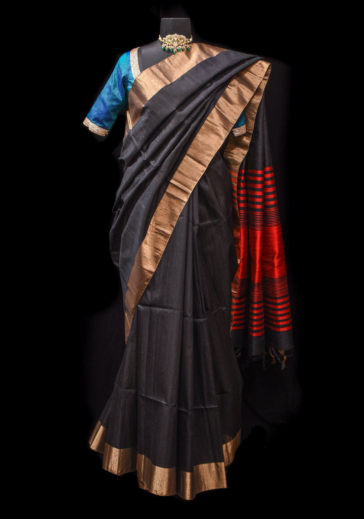 Pure Raw Silk Saree in Black with Tissue Zari Border and red Pallu | SILK MARK CERTIFIED