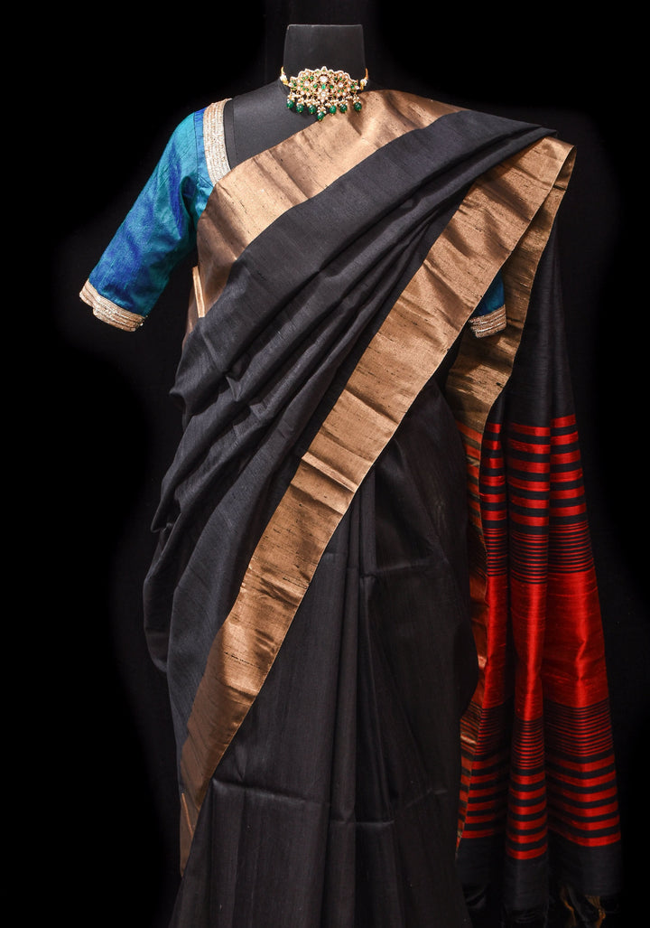 Pure Raw Silk Saree in Black with Tissue Zari Border and red Pallu | SILK MARK CERTIFIED