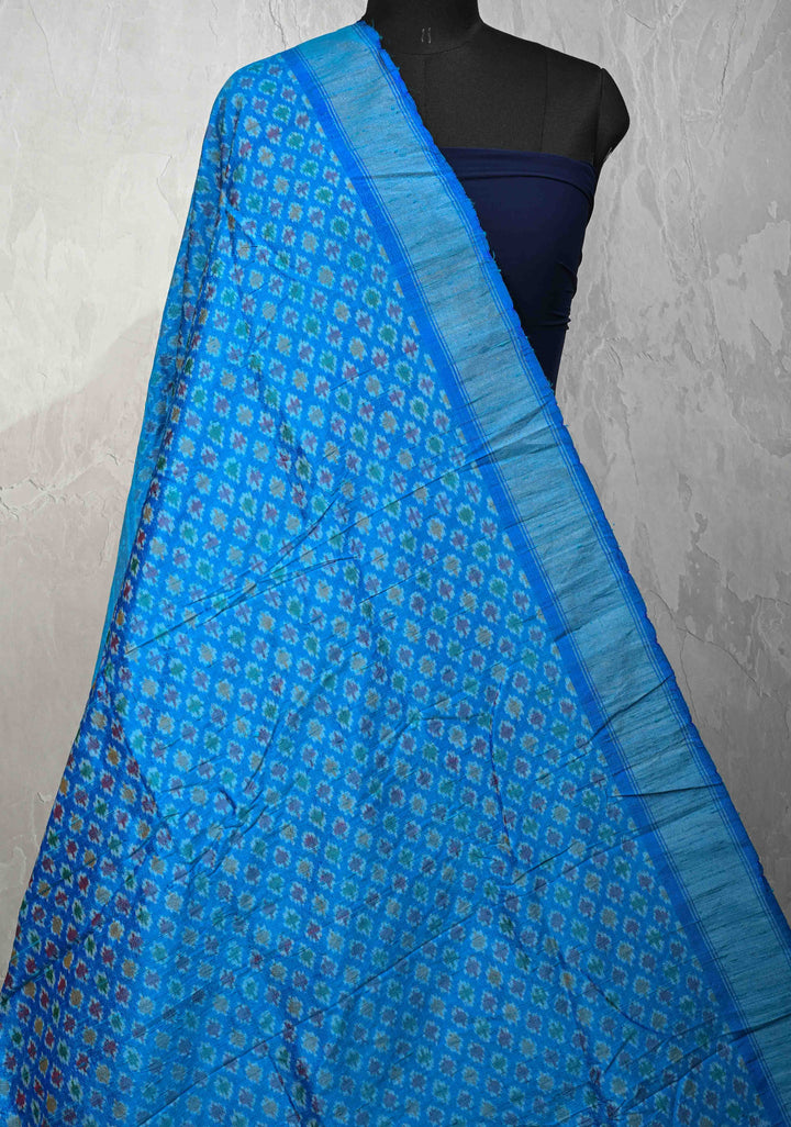 Dupatta : Copper Sulphate Blue Ikkat Pure Raw Silk Dupatta with handmade tassels | SILK MARK CERTIFIED
