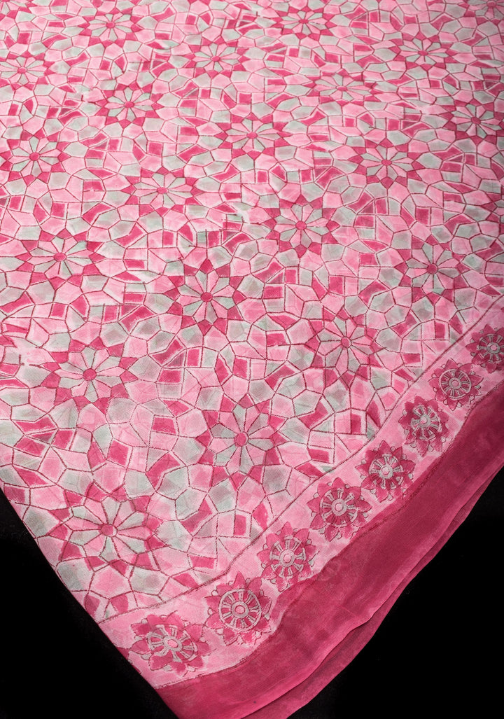 Pink Georgette Saree with Sanganeri Hand Block Print