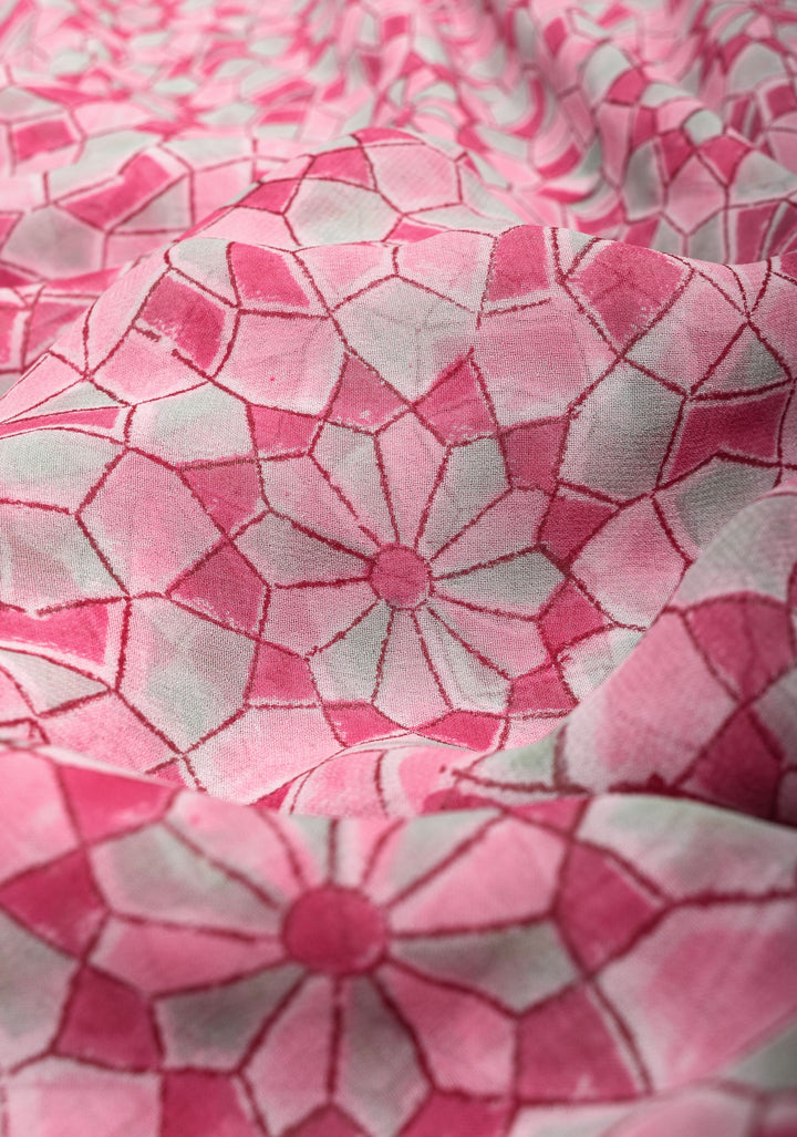 Pink Georgette Saree with Sanganeri Hand Block Print