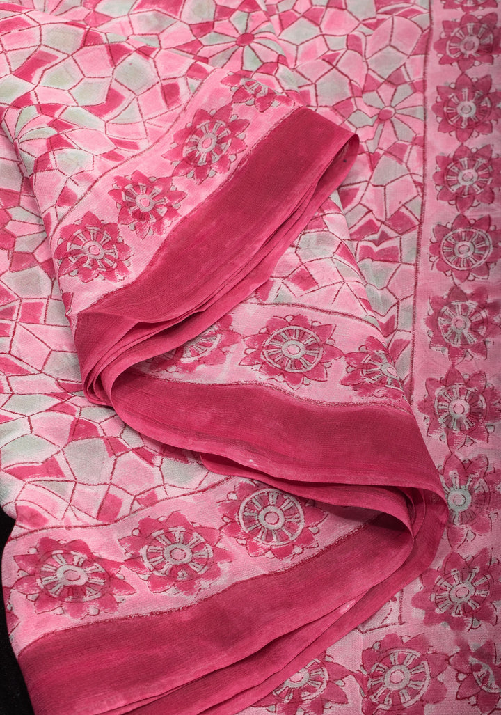 Pink Georgette Saree with Sanganeri Hand Block Print