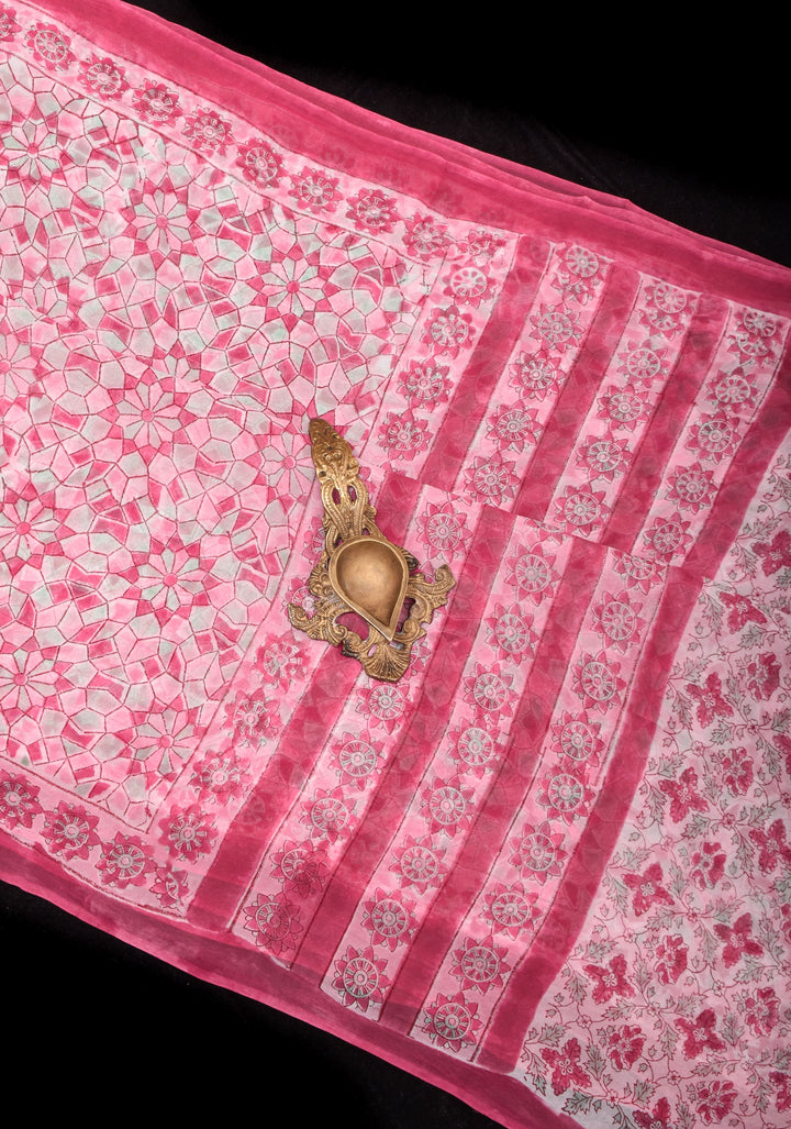 Pink Georgette Saree with Sanganeri Hand Block Print