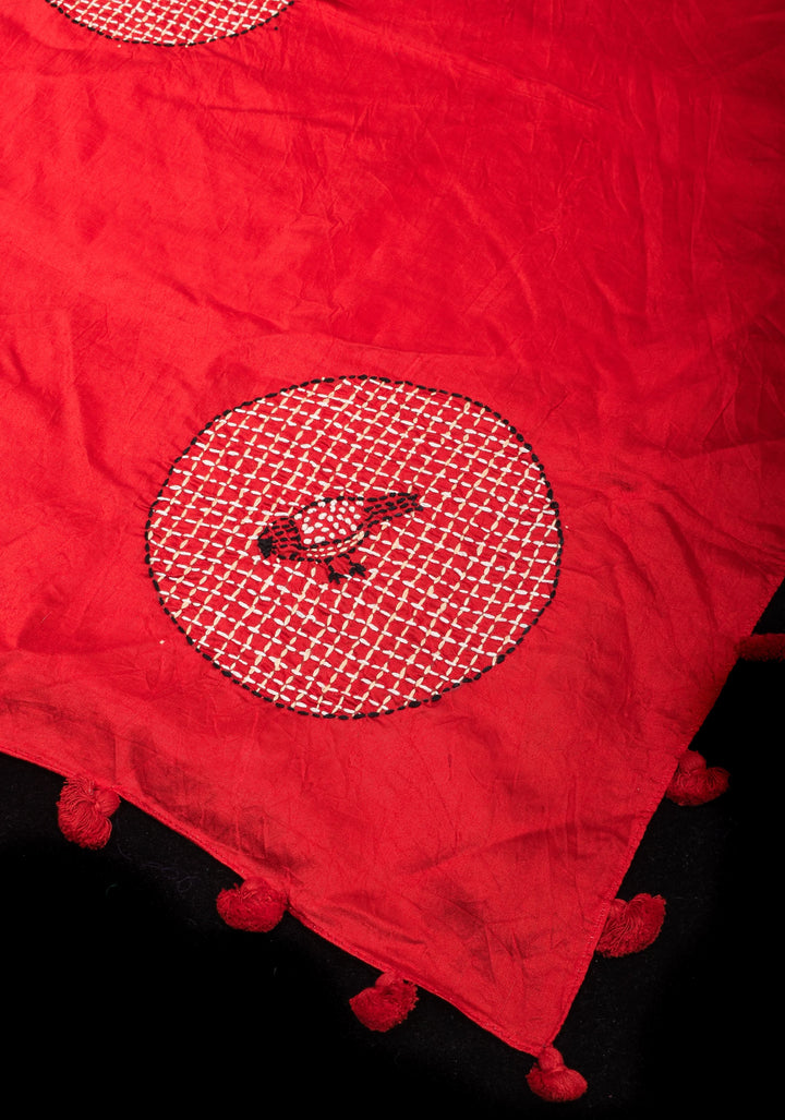 Dupatta : Vibrant Red Mercerized Cotton Dupatta with Fancy Kantha Hand Embroidery and 4 side pompoms