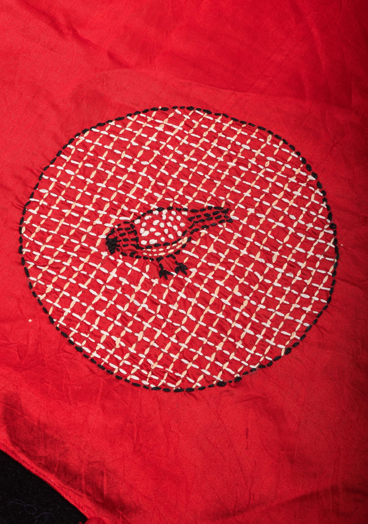 Dupatta : Vibrant Red Mercerized Cotton Dupatta with Fancy Kantha Hand Embroidery and 4 side pompoms