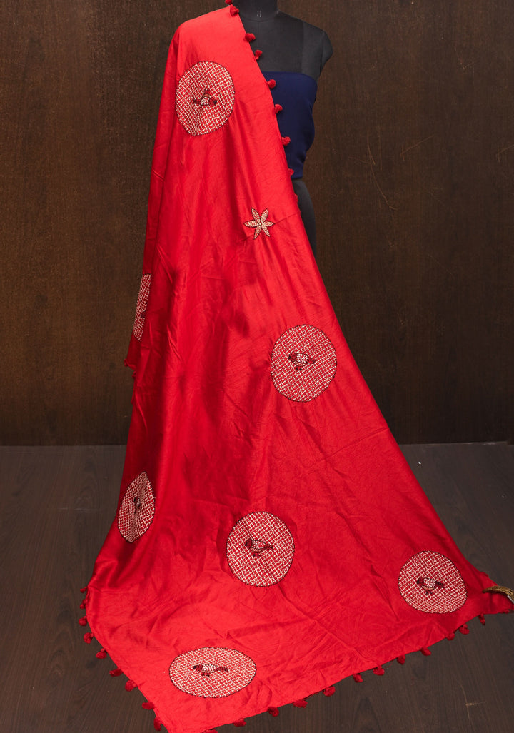 Dupatta : Vibrant Red Mercerized Cotton Dupatta with Fancy Kantha Hand Embroidery and 4 side pompoms