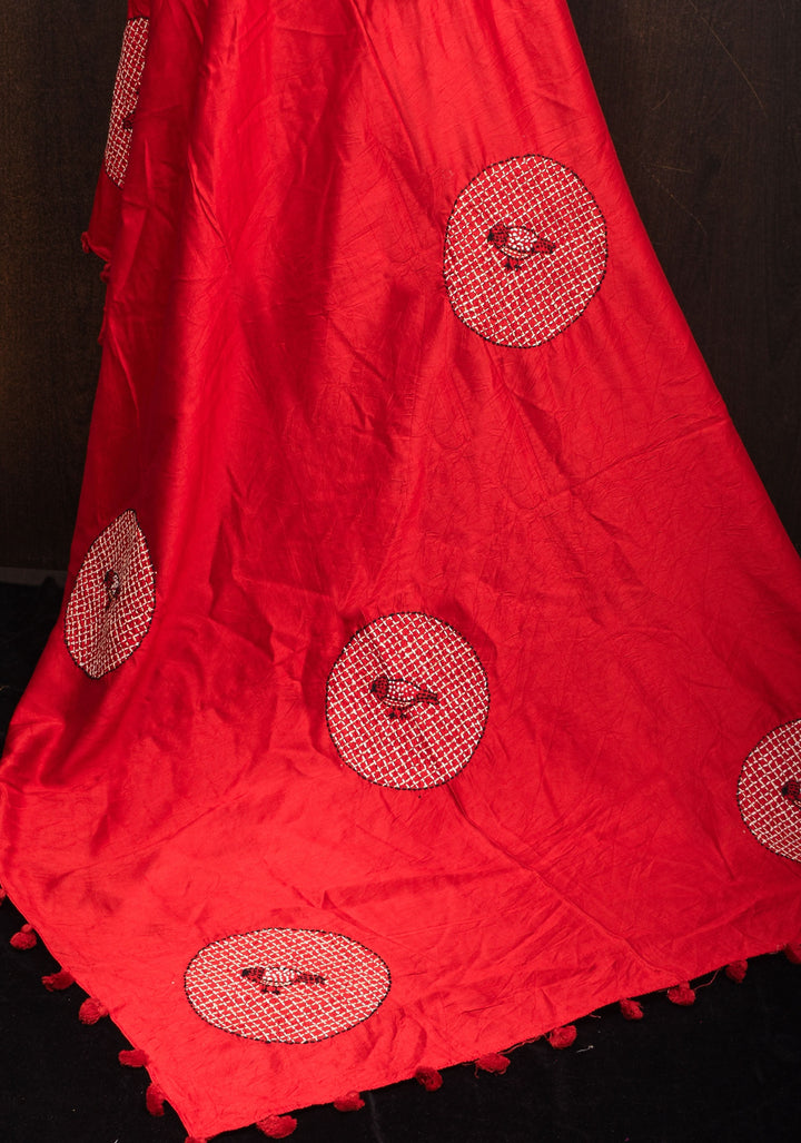 Dupatta : Vibrant Red Mercerized Cotton Dupatta with Fancy Kantha Hand Embroidery and 4 side pompoms