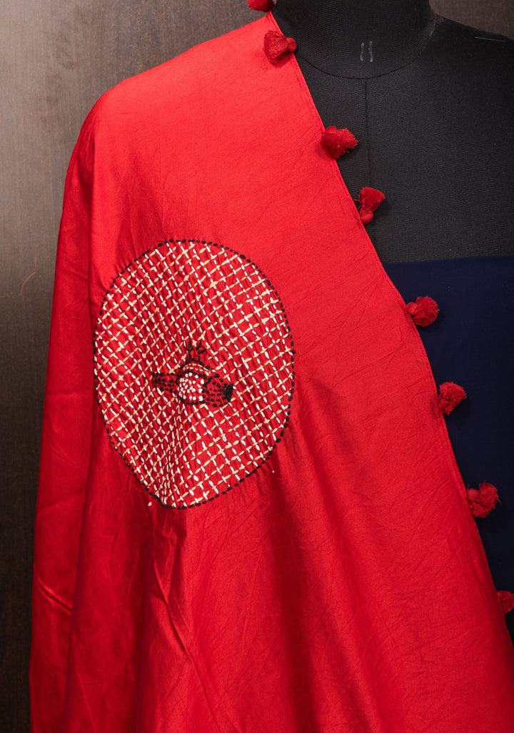 Dupatta : Vibrant Red Mercerized Cotton Dupatta with Fancy Kantha Hand Embroidery and 4 side pompoms