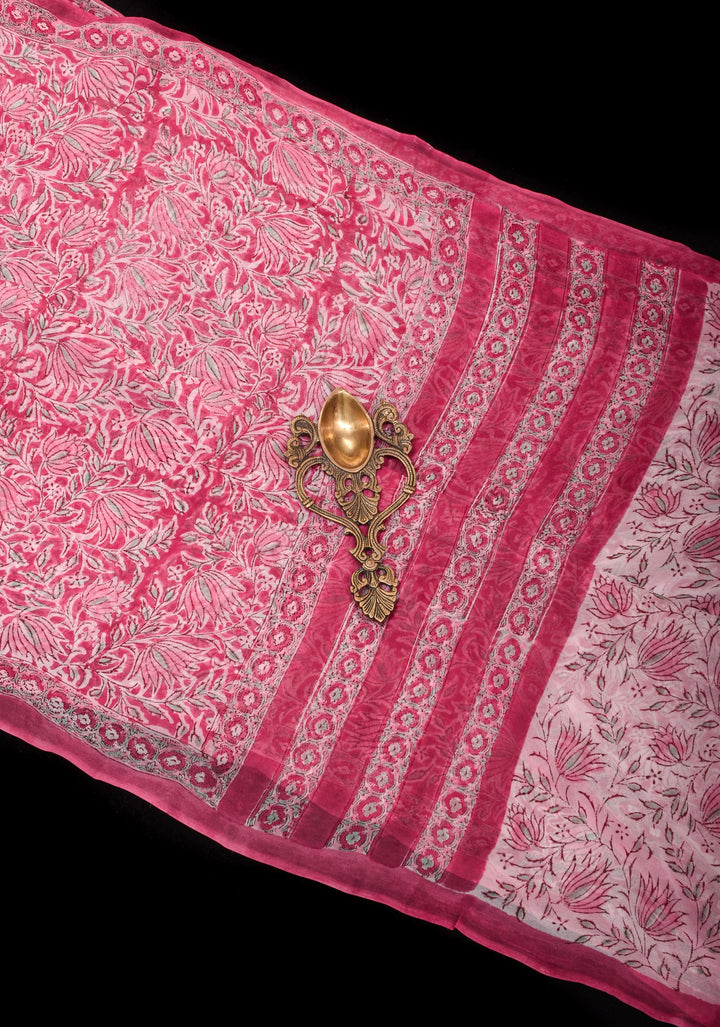 Pink Georgette Saree with Sanganeri Hand Block Print
