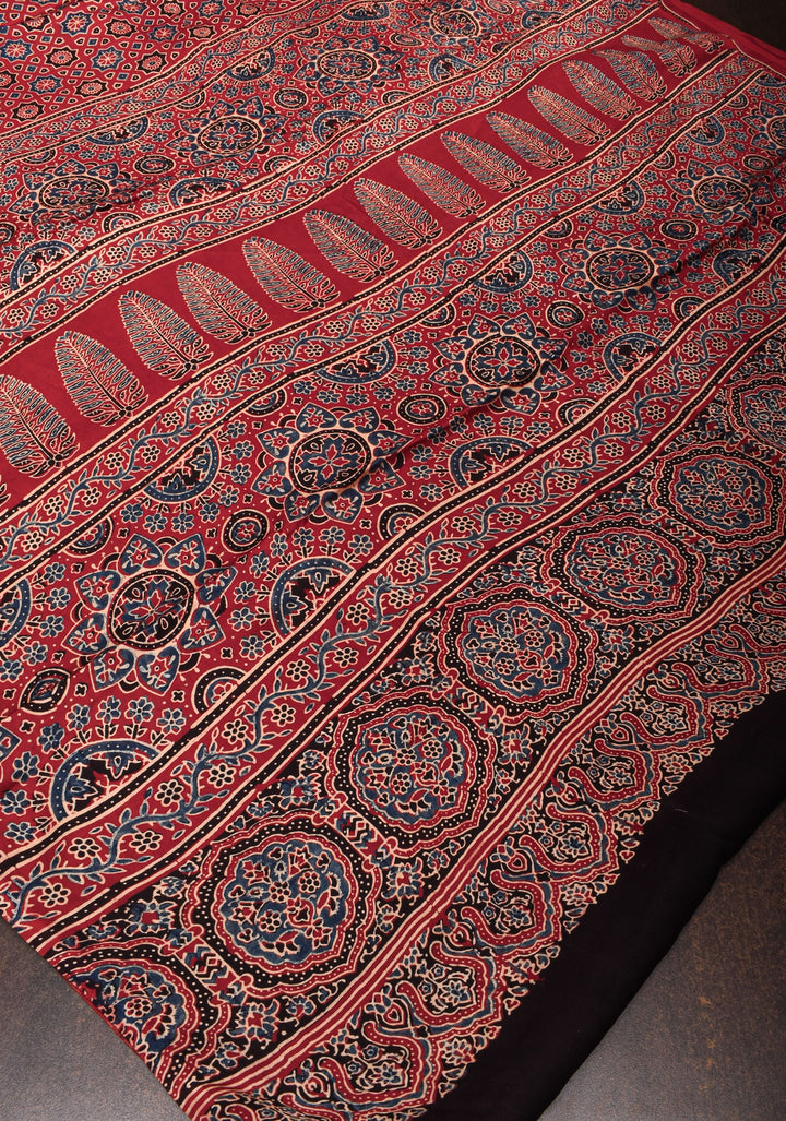 Red Ajrakh Hand Block Print on Modal Silk Saree