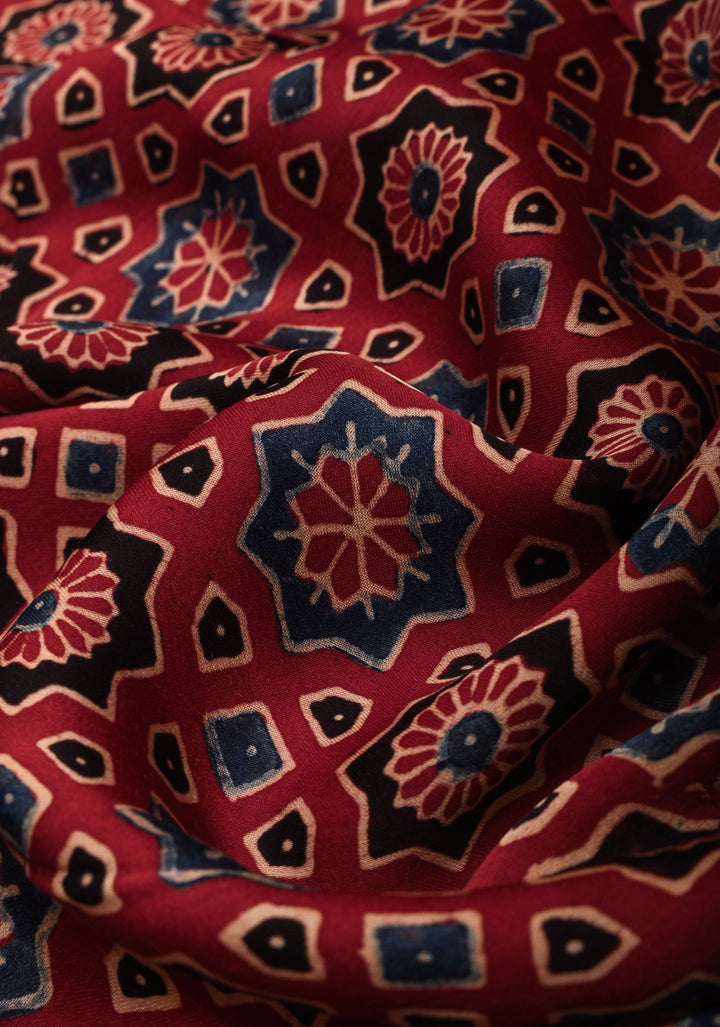 Red Ajrakh Hand Block Print on Modal Silk Saree