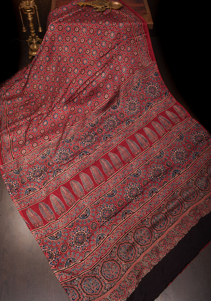 Red Ajrakh Hand Block Print on Modal Silk Saree