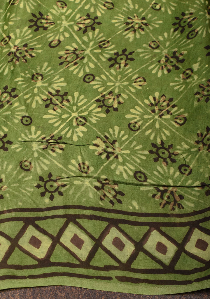 Vanaspati Hand Block Print on Modal Silk Saree in Moss Green with Kalamkari Border and Angoor latkans