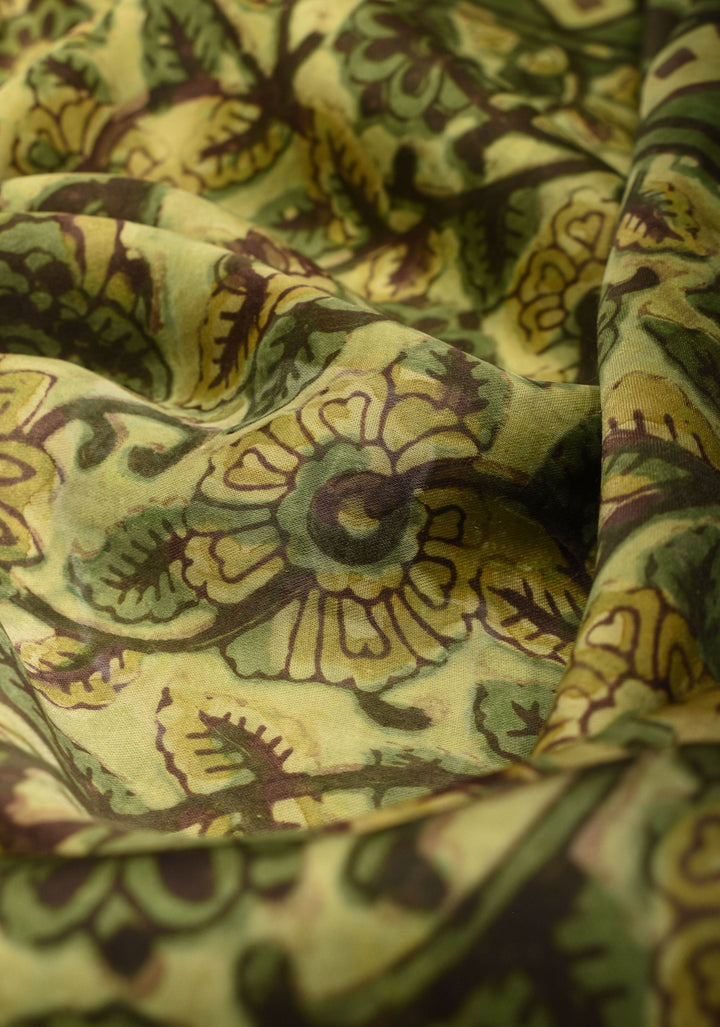 Vanaspati Hand Block Print on Modal Silk Saree in Moss Green with Kalamkari Border and Angoor latkans