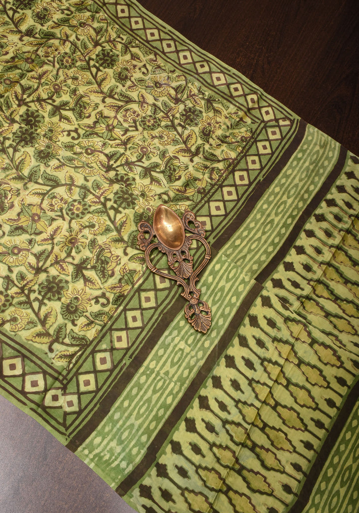 Vanaspati Hand Block Print on Modal Silk Saree in Moss Green with Kalamkari Border and Angoor latkans