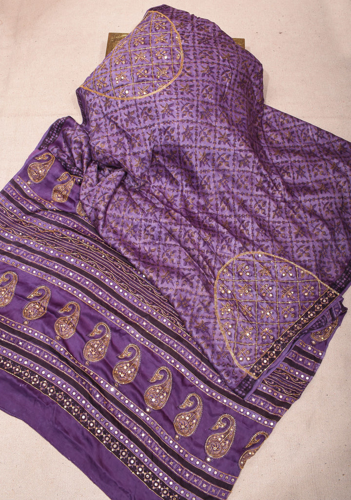 Dark Lilac Modal Silk Saree with Vanaspati Hand Block Print Cutdana & Sequins Work