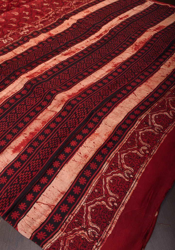 Maroon Ajrakh Hand Block Print on Modal Silk Saree