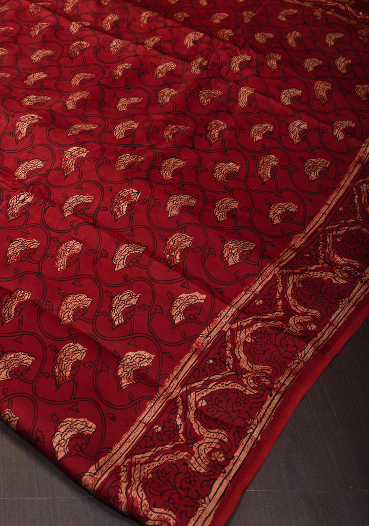 Maroon Ajrakh Hand Block Print on Modal Silk Saree