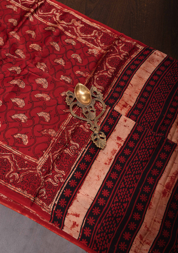 Maroon Ajrakh Hand Block Print on Modal Silk Saree