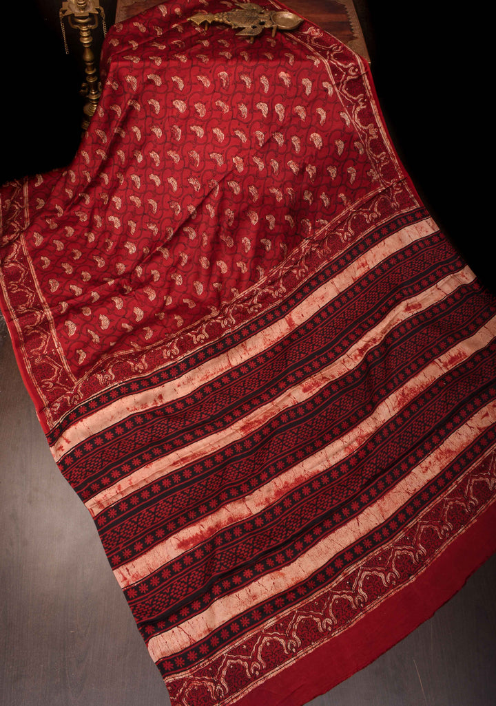 Maroon Ajrakh Hand Block Print on Modal Silk Saree