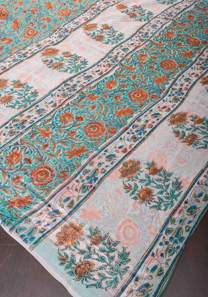 Bluish Cyan Georgette Saree with Sanganeri Hand Block Print No Blouse