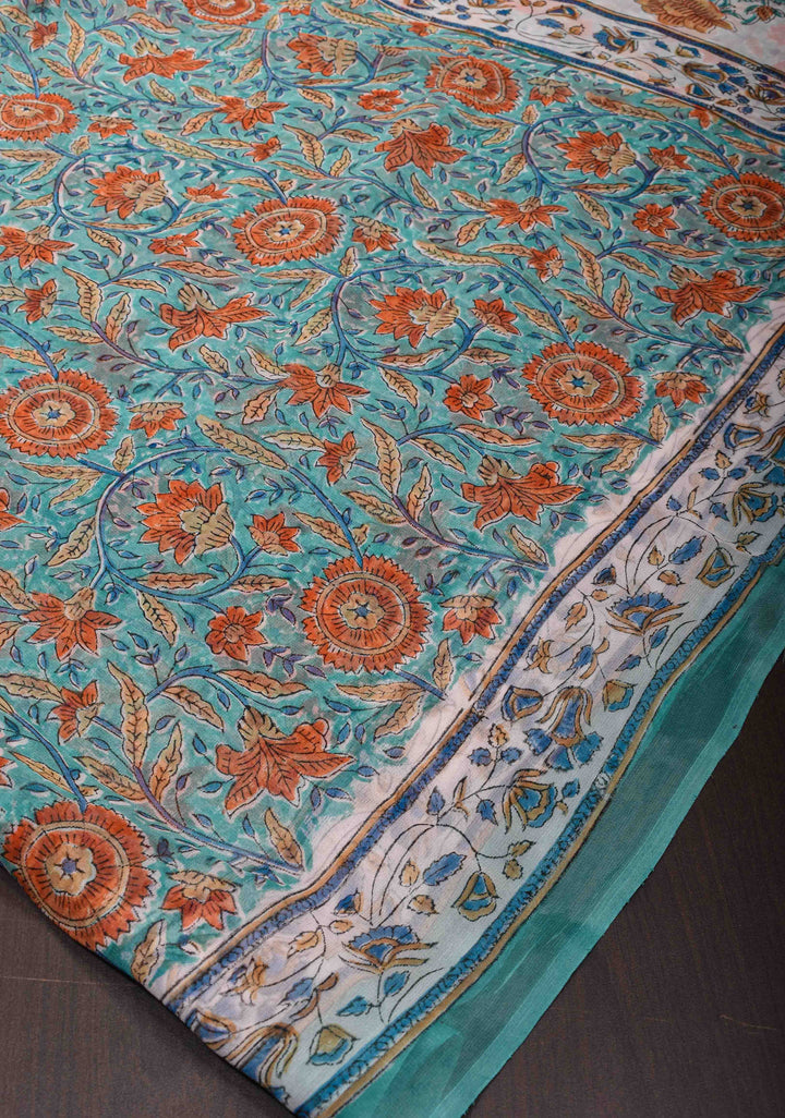 Bluish Cyan Georgette Saree with Sanganeri Hand Block Print No Blouse