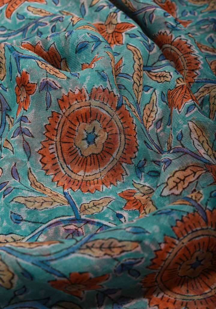 Bluish Cyan Georgette Saree with Sanganeri Hand Block Print No Blouse