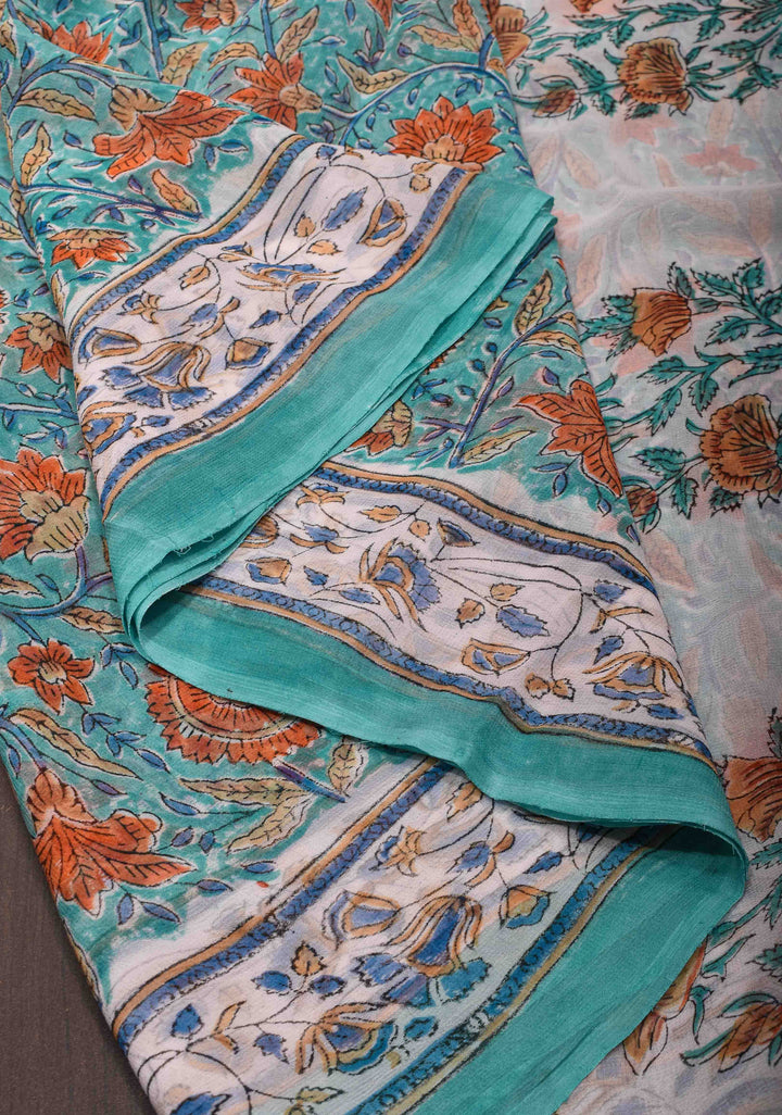 Bluish Cyan Georgette Saree with Sanganeri Hand Block Print No Blouse