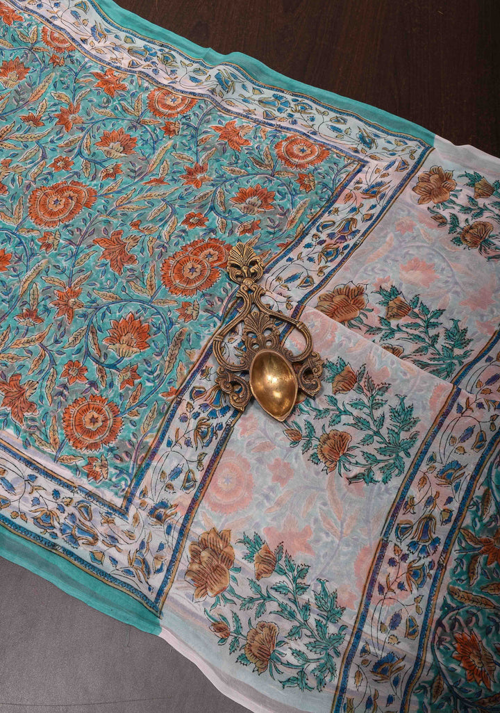 Bluish Cyan Georgette Saree with Sanganeri Hand Block Print No Blouse