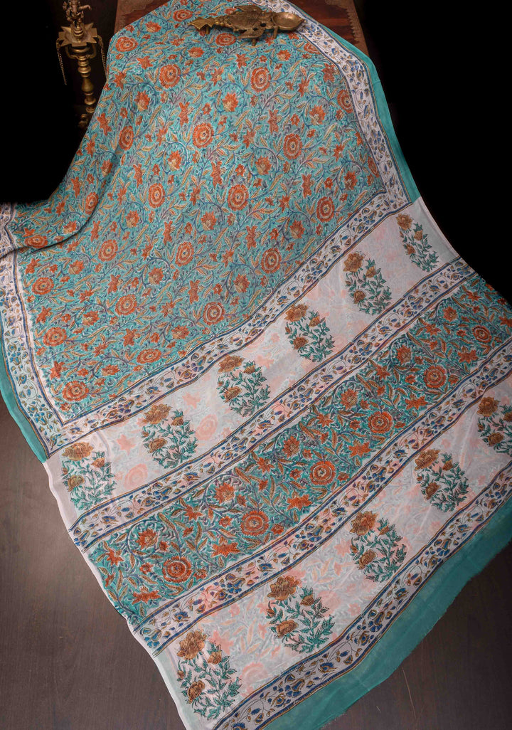 Bluish Cyan Georgette Saree with Sanganeri Hand Block Print No Blouse