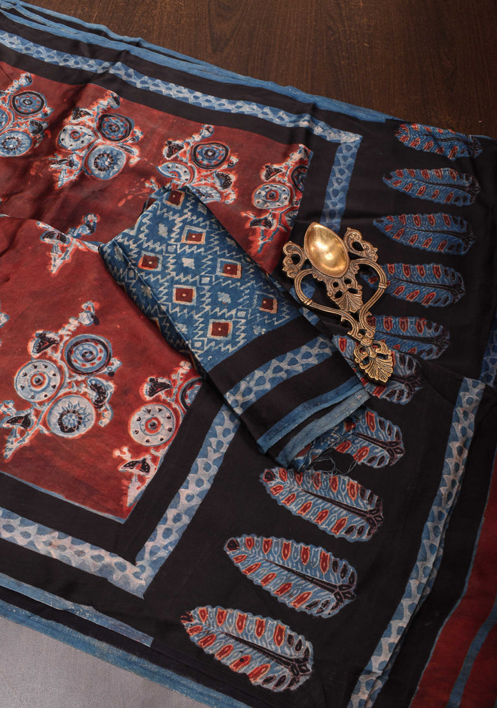 Persian Plum Vanaspati Hand Block Print on Modal Silk Saree