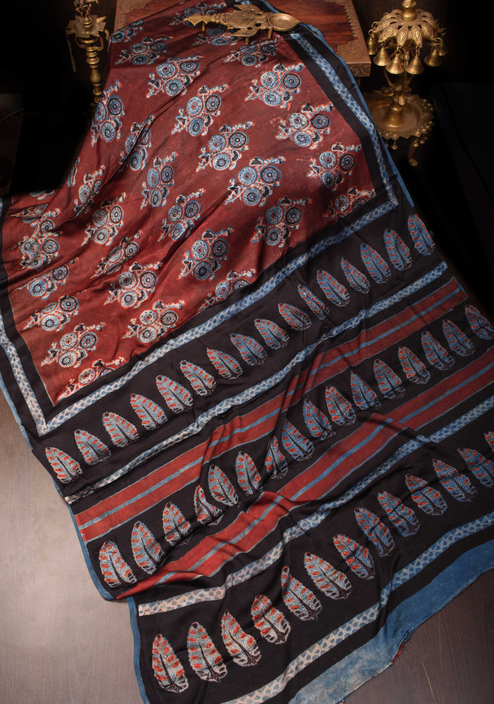 Persian Plum Vanaspati Hand Block Print on Modal Silk Saree