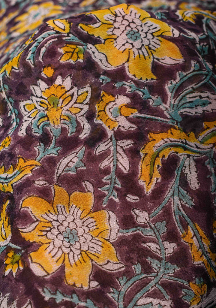 Plum Georgette Saree with Sanganeri Hand Block Print