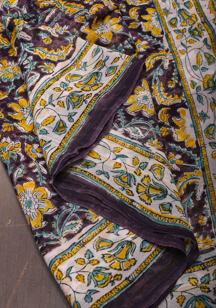 Plum Georgette Saree with Sanganeri Hand Block Print