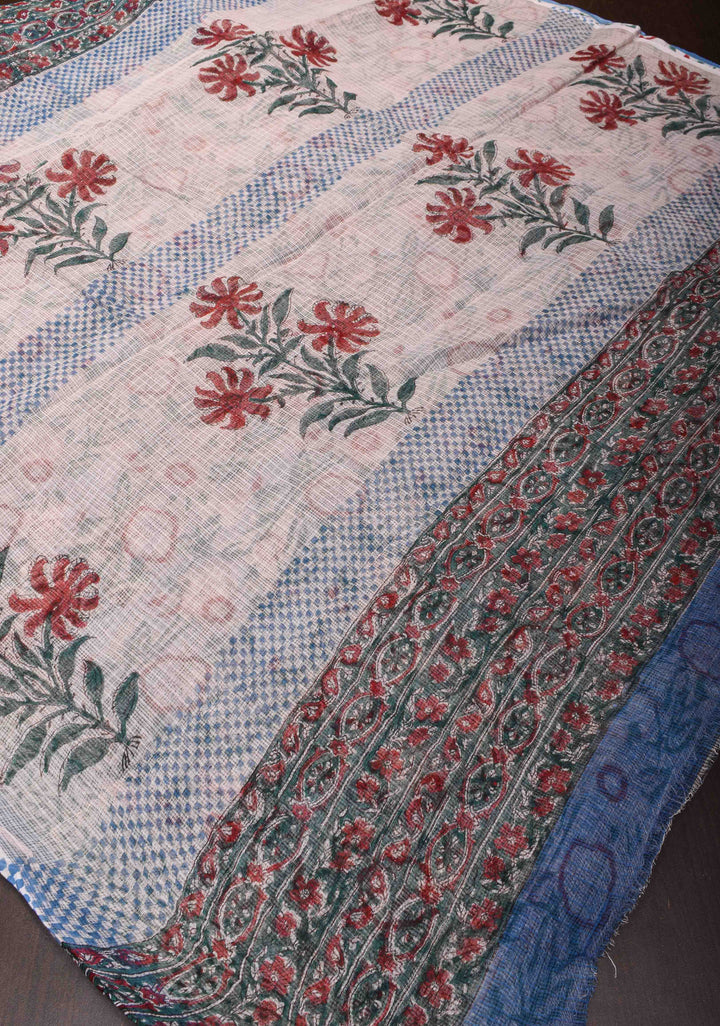 Bluebell Blue Kota Doria Cotton Saree with Sanganeri Hand Block Print and minimal Zari border