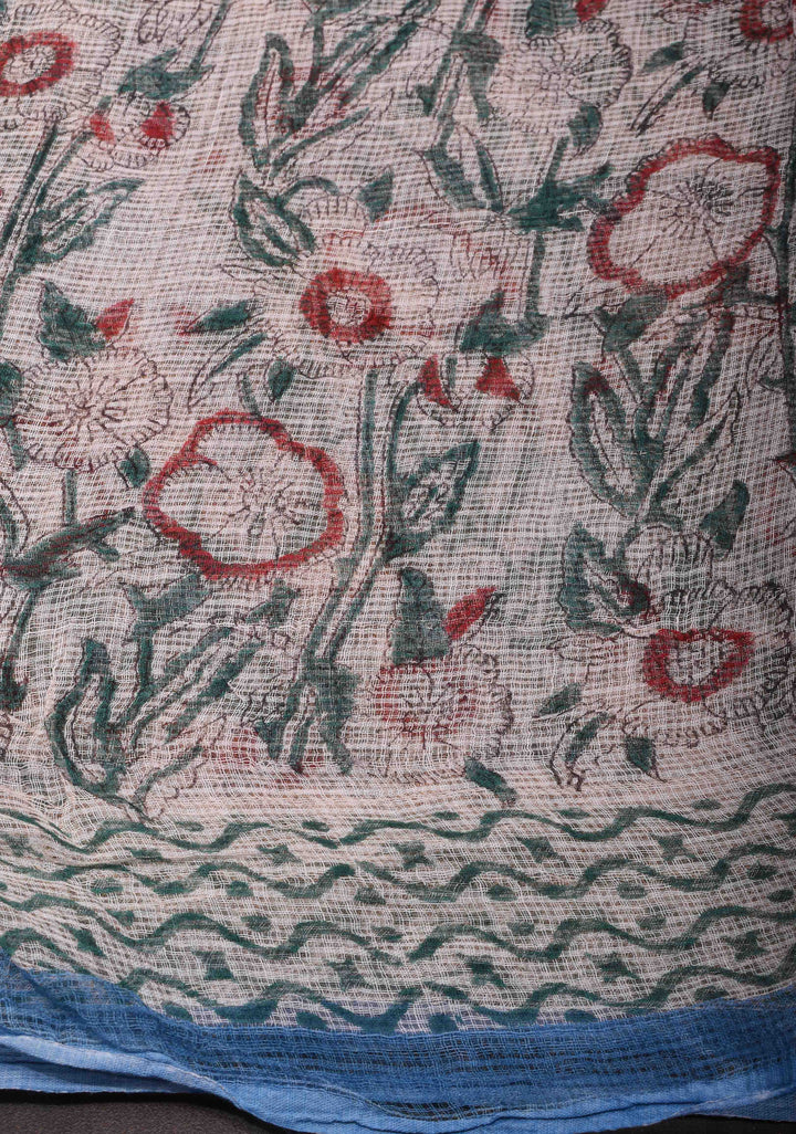 Bluebell Blue Kota Doria Cotton Saree with Sanganeri Hand Block Print and minimal Zari border