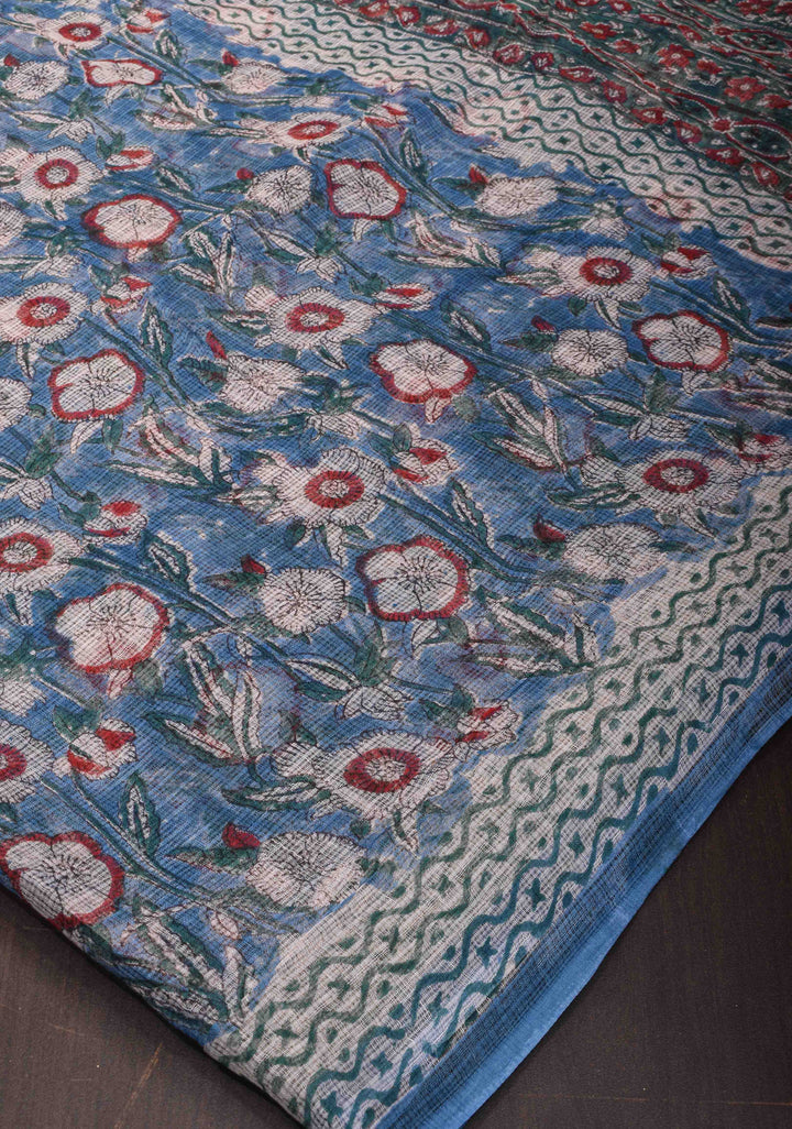 Bluebell Blue Kota Doria Cotton Saree with Sanganeri Hand Block Print and minimal Zari border