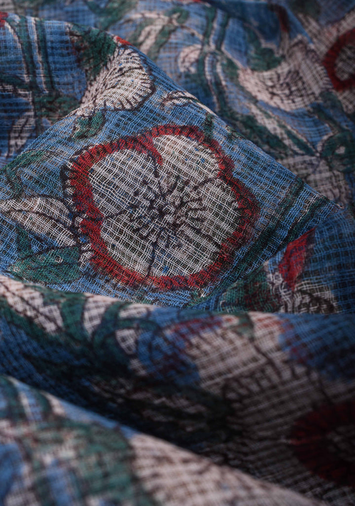 Bluebell Blue Kota Doria Cotton Saree with Sanganeri Hand Block Print and minimal Zari border