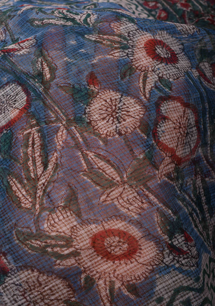 Bluebell Blue Kota Doria Cotton Saree with Sanganeri Hand Block Print and minimal Zari border