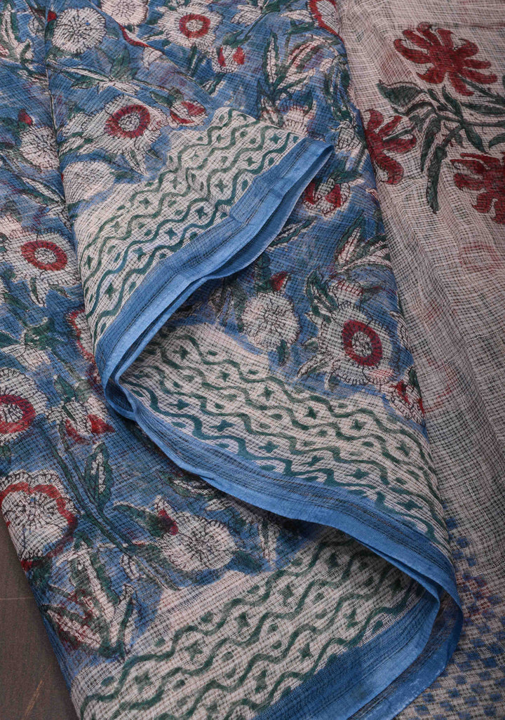 Bluebell Blue Kota Doria Cotton Saree with Sanganeri Hand Block Print and minimal Zari border