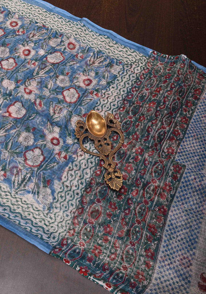 Bluebell Blue Kota Doria Cotton Saree with Sanganeri Hand Block Print and minimal Zari border